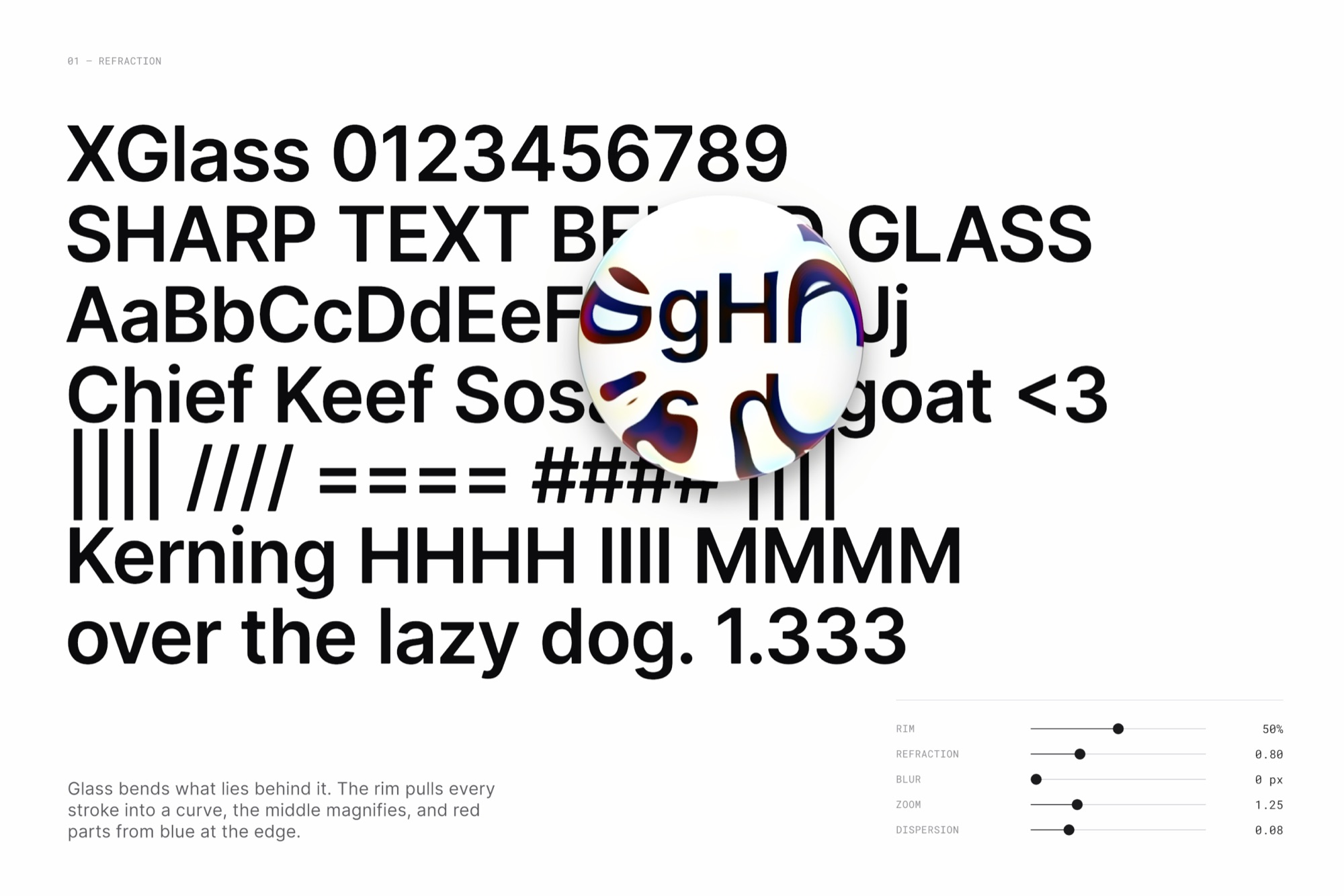 A round glass lens over large black type, magnifying the letters and bending them at its rim with red and blue fringes.