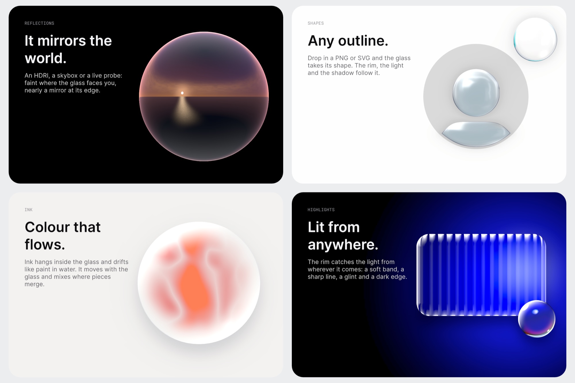 Four panels: a glass sphere reflecting a sunset sea, a glass person icon baked from an SVG, a glass disc with drifting orange ink, and ribbed glass lit in blue.