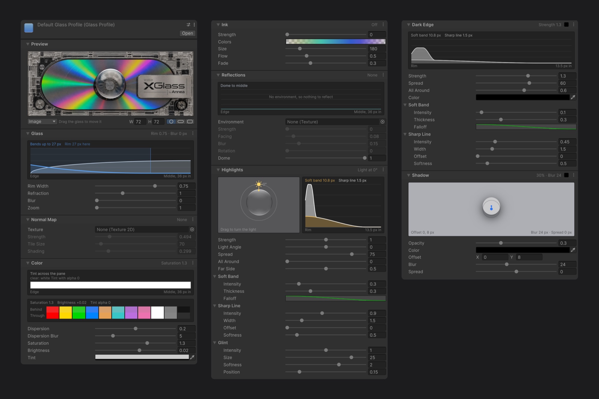 The Glass Profile inspector in Unity's dark theme, with a live glass preview and graphs for the rim, tint, highlights, dark edge and shadow.