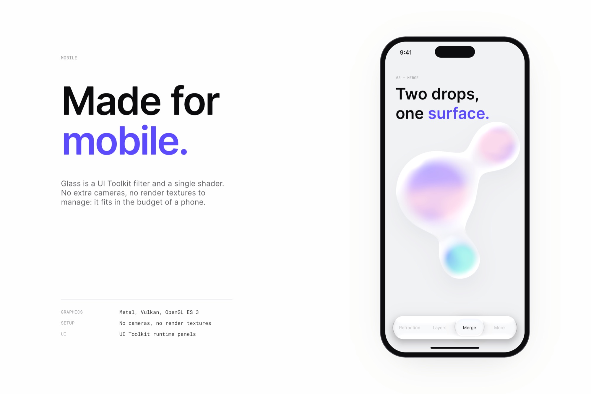 The Merge demo page running on a phone, with a glass tab bar at the bottom.